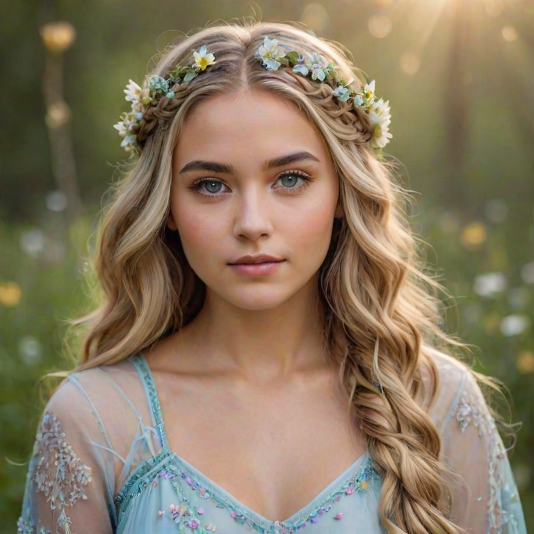 Create an image of a young Latino woman with long, wavy blonde hair, adorned with small, colorful flowers woven into her braids and loose strands. Her complexion is fair, with soft, glowing skin, and she has light blue eyes that gaze softly at the viewer. She wears a light, flowing dress with a gentle, ethereal quality, complementing her delicate and serene appearance. The background is slightly blurred, drawing focus to her tranquil expression and the intricate details of the flowers in her hair. The overall mood of the image is one of natural beauty and grace, evoking a sense of peacefulness and connection with nature.