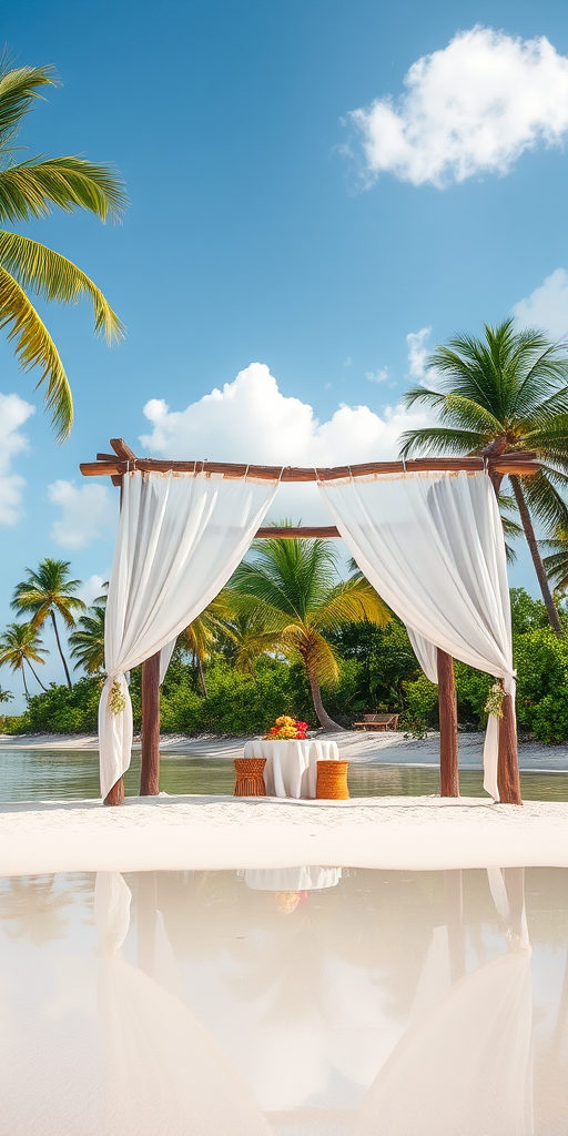 Create a picturesque tropical beach scene featuring a serene, white sandy shore. In the foreground, there's a rustic wooden canopy with white drapes gently flowing in the breeze. Underneath the canopy, a table is set with tropical decor, evoking a sense of relaxation and leisure. The beach extends into a calm, shallow water area with reflections of the sky and surroundings. Palm trees and lush greenery line the edge of the beach, providing a natural, tropical backdrop. The sky is clear with a few scattered clouds, and the overall atmosphere is tranquil and inviting, perfect for a peaceful retreat.
