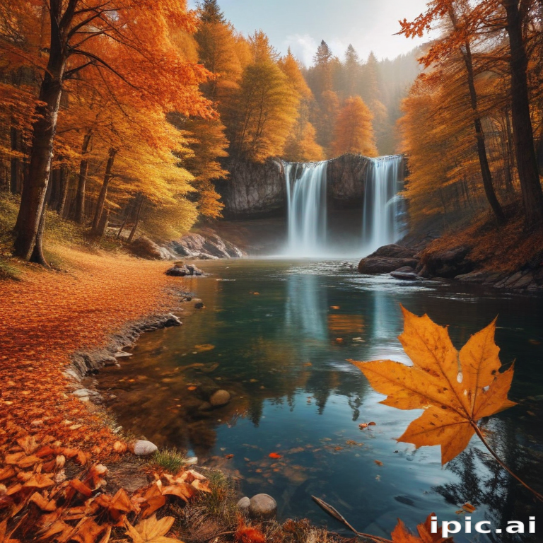 Serene Autumn Landscape Featuring a Tranquil Waterfall and Vibrant Foliage