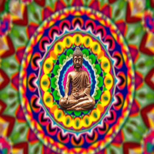 Create an enhanced digital illustration of a Buddha figure at the center of a colorful mandala, using a DSLR camera with a 50mm lens at f/1.8, ISO 100, and a shallow depth of field to achieve vibrant colors and sharp detail in the subject, viewed from a slightly elevated angle to capture the intricate patterns.