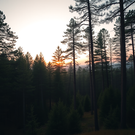 Generate a high-resolution image of a serene forest landscape during sunset, using a Canon EOS R5 with a 24-70mm f/2.8 lens, aperture set at f/8, shutter speed 1/200 sec, ISO 100, wide-angle view, soft focus style for a dreamy effect.