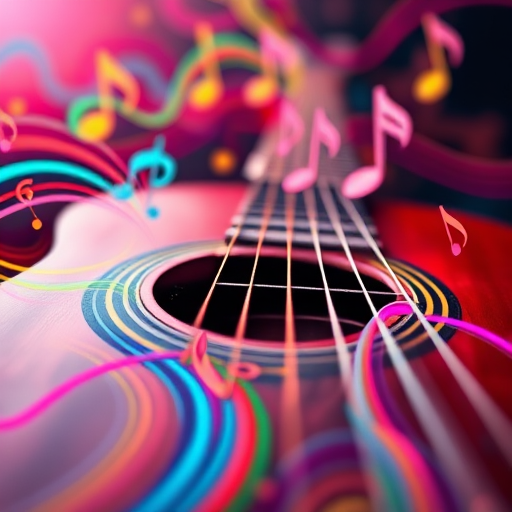 Create a vibrant abstract image of musical waves emanating from a guitar with colorful intertwining lines and musical notes, captured with a DSLR camera at f/4.0 aperture, 1/125 sec shutter speed, ISO 100, 35mm focal length, in a macro style view for enhanced detail and clarity.