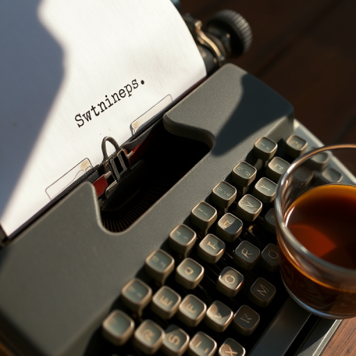 Close-up of an old typewriter, a sheet of paper midway through with the first few typed words visible, soft sunlight illuminating the worn keys and a half-empty cup of coffee nearby.