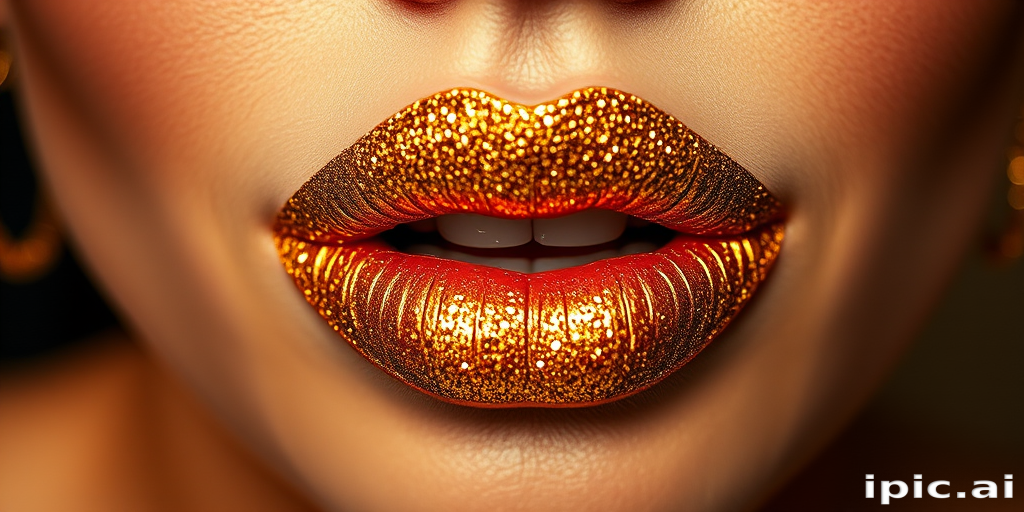 Glittery gold woman lips with high-shine topcoat, perfect for festive occasions and glamorous events