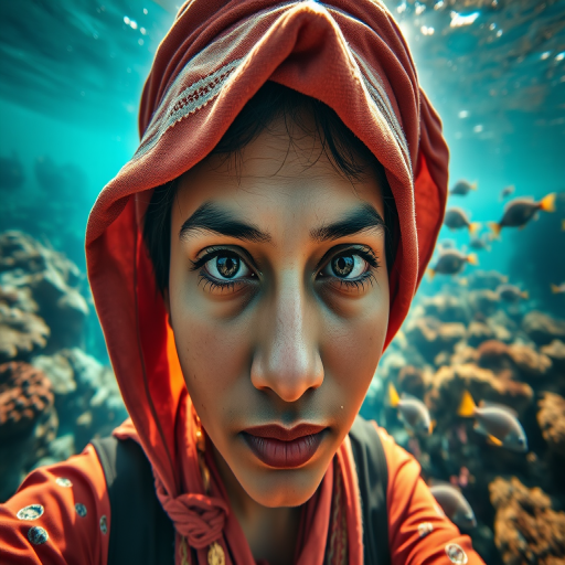 Realistic selfie image of a Nepali, wearing a vintage outfit, detailed dreamy eyes, droopy hooded eyes, staring at the camera, taken underwater at coral reef with a sunbeam filtering through the water, vibrant, summer vacation, natural lighting, turtle and school of tropical fish with vibrant colors, rendered in the style of CryEngine, Pegi Nicol MacLeod, with realistic genre scenes, hauntingly beautiful narratives, ultra-realism, and Thomas Saliot's close-up technique, 8K resolution, crystal clear and sparkling water.