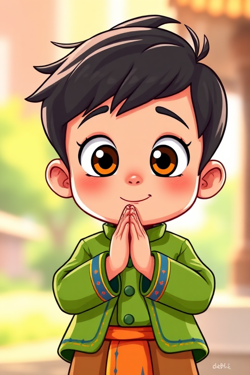 create a vibrant and colorful cartoon character illustration of a young boy with big eyes, hands in a prayer position, wearing a green jacket and traditional garment, in a bright outdoor setting, using a DSLR camera with a 50mm lens, f/1.8 aperture, ISO 100, and natural lighting for enhanced detail and clarity.