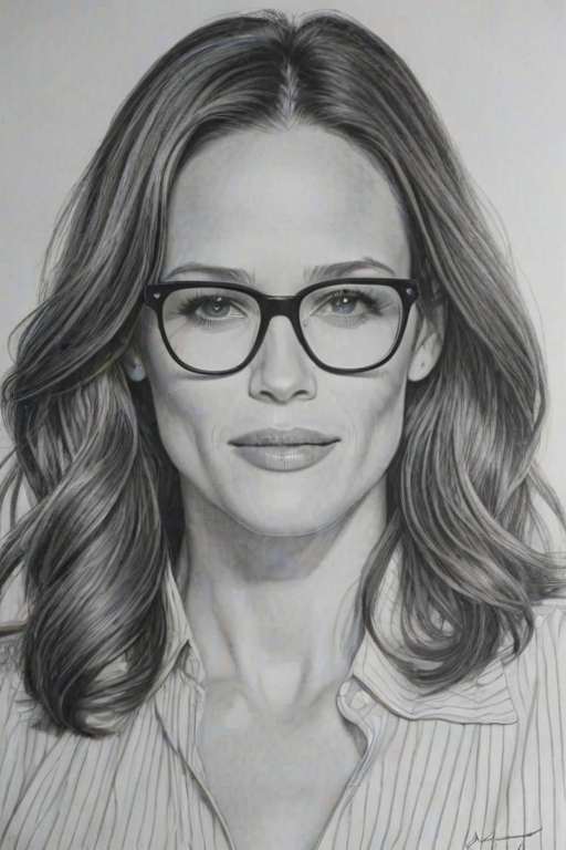 Enticing Jennifer Garner, pencil sketch, portrait of Enchanting woman 1972s in glasses, hair style beatnik, outline, clear lines, fine lines, 8k