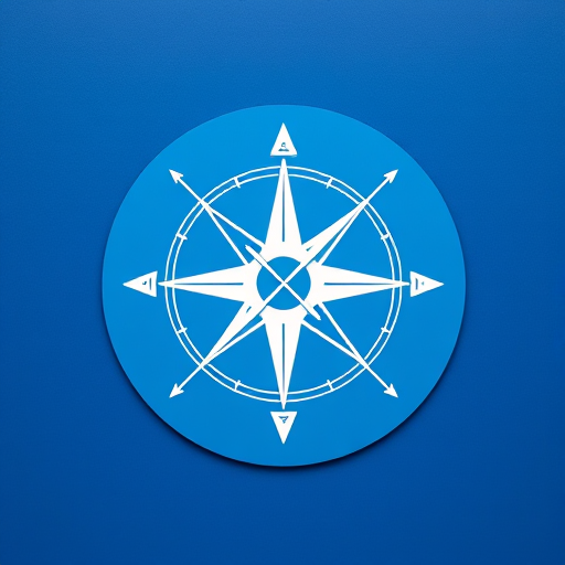 Create a high-resolution image of a compass icon with a blue circular background and a prominent north arrow, captured with a Canon EOS R5 at f/8, ISO 100, 1/100s, in a clean and minimalistic style using a flat lay view.