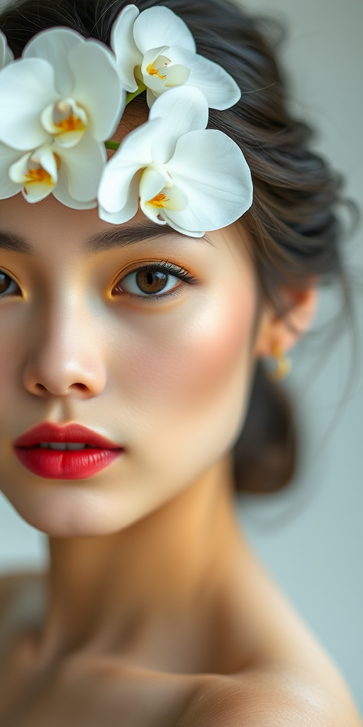 Portrait of a model with a floral headpiece of white orchids, soft focus background, natural lighting, ISO 100, f/2.8, 85mm lens, shot at eye level with a shallow depth of field, DSLR camera.
