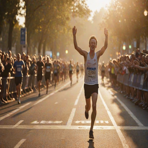 Blurry action shot of a runner crossing the finish line of a marathon at dawn, arms raised in triumph, with soft light from the rising sun casting long shadows and cheering crowds blurred in the background.