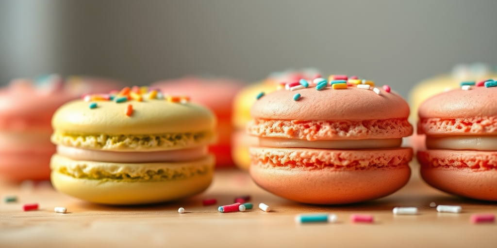 close-up of colorful macarons with sprinkles on a wooden surface, soft natural lighting, f/2.8, 1/125 sec, ISO 100, 50mm lens, shallow depth of field, DSLR camera