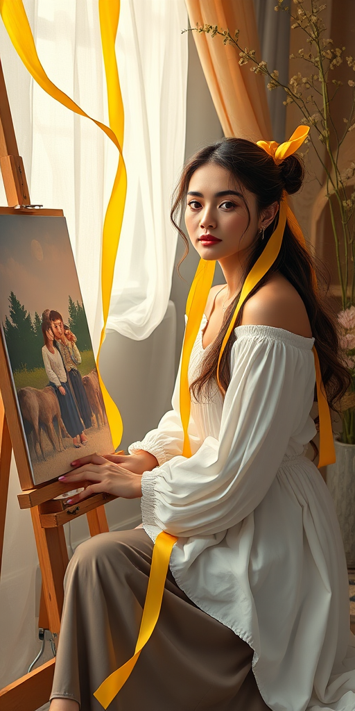 regenerate an artistic illustration of a woman in flowing yellow ribbons sitting beside an easel with a portrait, capture with a Canon EOS R5, 50mm f/1.8 lens, aperture f/4, natural soft lighting, high dynamic range, vibrant colors, and a painterly style