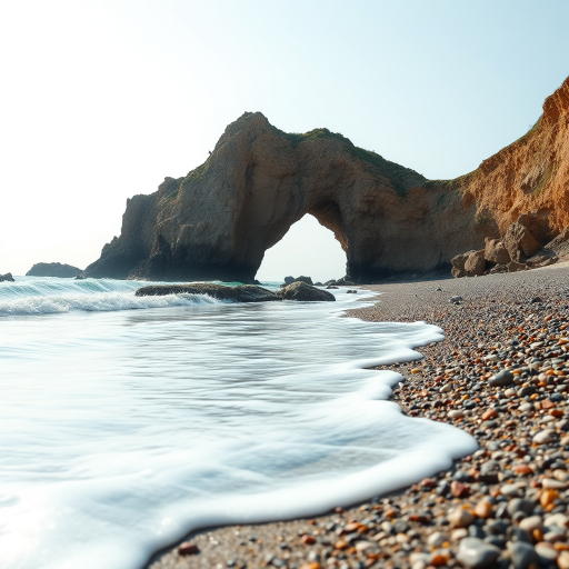 generate a high-resolution image of a beach scene with smooth waves lapping at a pebble shore, featuring a prominent rock arch in the background, taken with a DSLR camera at f/8 aperture, 1/200 sec shutter speed, ISO 100, in landscape orientation with a wide-angle lens and soft natural lighting