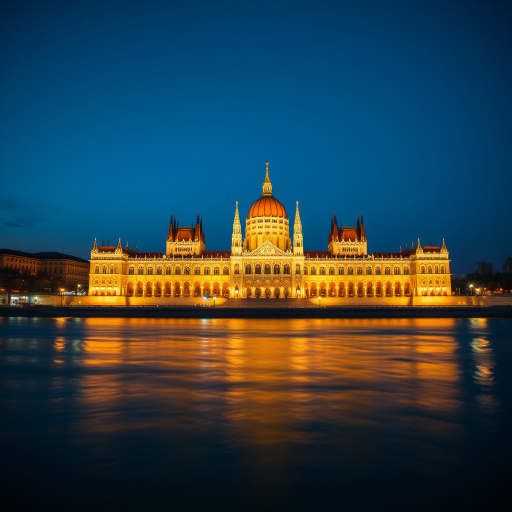 Capture the illuminated Hungarian Parliament Building at dusk with a wide-angle lens, f/8 aperture, ISO 100, 15 seconds exposure, tripod-mounted, taken from across the Danube River to enhance the reflection in the water.