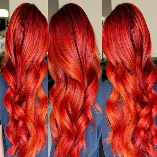 Radiant copper-red mermaid waves flowing past the waist, crafted by Autumn Ember, exhibiting a gradient effect from deep burgundy to bright tangerine, enhanced with subtle rose gold balayage and beachy textures