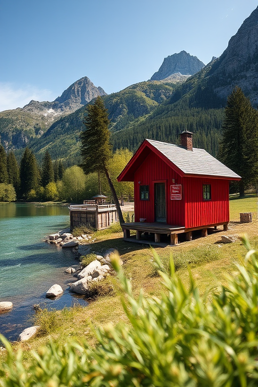 Regenerate the image of a red cabin beside a serene waterway with mountains in the background during a clear sunny day, using a DSLR camera, aperture f/8, ISO 100, shutter speed 1/250 sec, shot from a low angle to enhance foreground detail and depth.
