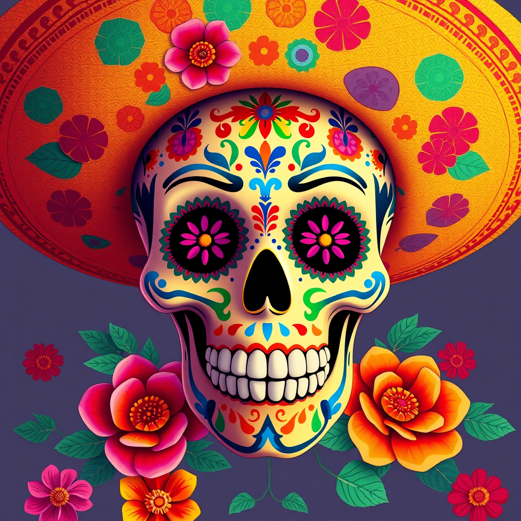 Create a vibrant illustration of a sugar skull adorned with colorful floral patterns and a large sombrero, using a Canon EOS R5 with a 50mm lens, aperture f/1.8, ISO 100, shot in high resolution, front view, with studio lighting for enhanced detail and contrast.