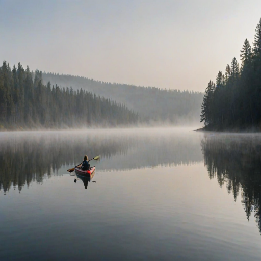 Morning fog over a serene lake, a woman in a kayak paddles slowly through the still water, the surface like glass as the mist rolls over the distant treeline.