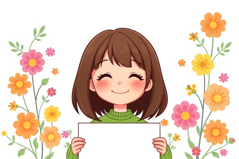 create an illustration of a smiling cartoon character with medium-length brown hair wearing a green sweater, holding a blank sign surrounded by colorful flowers and decorative elements