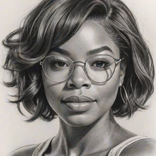 Radiant Gabrielle Union, pencil sketch, portrait of Fascinating woman 1974s in glasses, hair style beatnik, outline, clear lines, fine lines, 8k