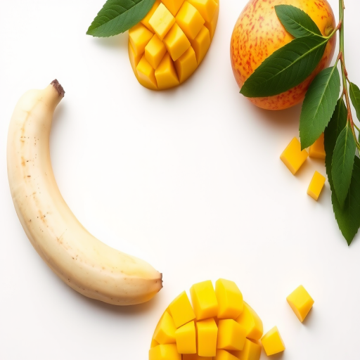 Create a high-resolution image of sliced bananas and diced mangoes on a clean white background using a DSLR camera with a 50mm lens, aperture f/2.8, ISO 100, and natural lighting to enhance colors and details.