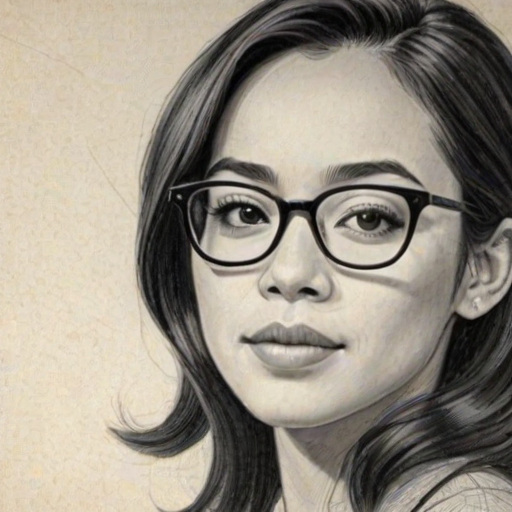 Lovely Aimee Garcia, pencil sketch, portrait of Pleasing woman 1953s in glasses, hair style beatnik, outline, clear lines, fine lines, 8k