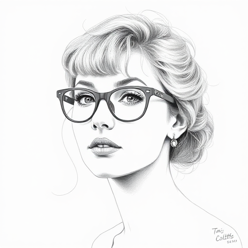 Beautiful Toni Collette, pencil sketch, portrait of beautiful woman 60s in glasses, hair style beatnik, outline, clear lines, fine lines, 8k