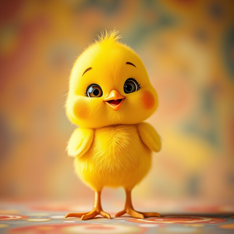 A cute cartoon chick standing with a playful expression, bright yellow color with polka dots, vibrant background, shot with a DSLR camera at f/2.8, 50mm lens, using soft diffused lighting for a soft focus effect.