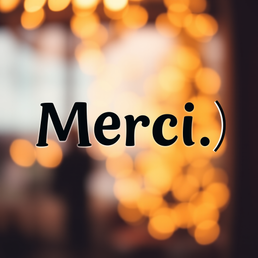 Create an image with the text "Merci :)" in bold, playful typography, set against a warm golden bokeh background, shot with a DSLR camera at f/2.8, 50mm lens, using a shallow depth of field for a soft focus effect.