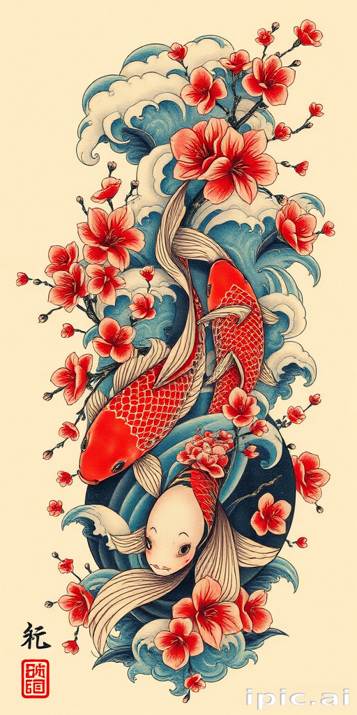 Japanese-inspired irezumi tattoo titled "Koi Cascade" featuring a large-scale full-body design of swirling water koi fish and cherry blossoms in vibrant traditional colors