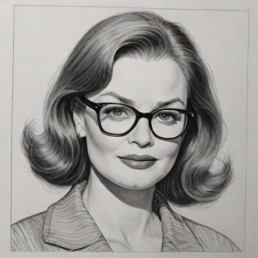 Dazzling Blair Brown, pencil sketch, portrait of Charming woman 1954s in glasses, hair style beatnik, outline, clear lines, fine lines, 8k