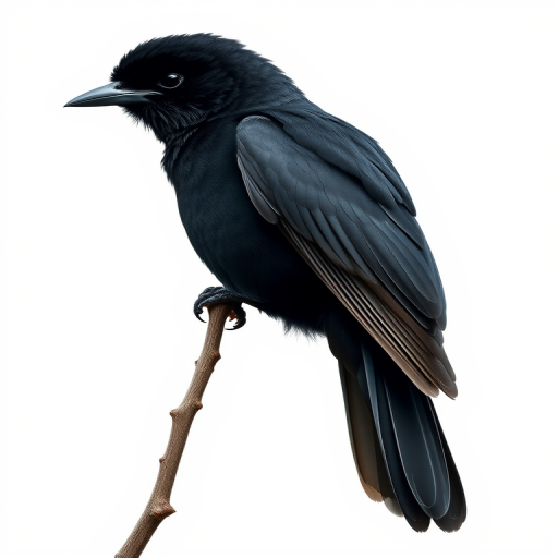 Create a highly detailed illustration of a black bird perched on a branch, using a Canon EOS R5 camera with a 50mm f/1.2 lens, set at ISO 100, aperture f/2.8, and a shutter speed of 1/200 sec, focusing on a clean white background to enhance the vibrancy and sharpness of the bird's features.