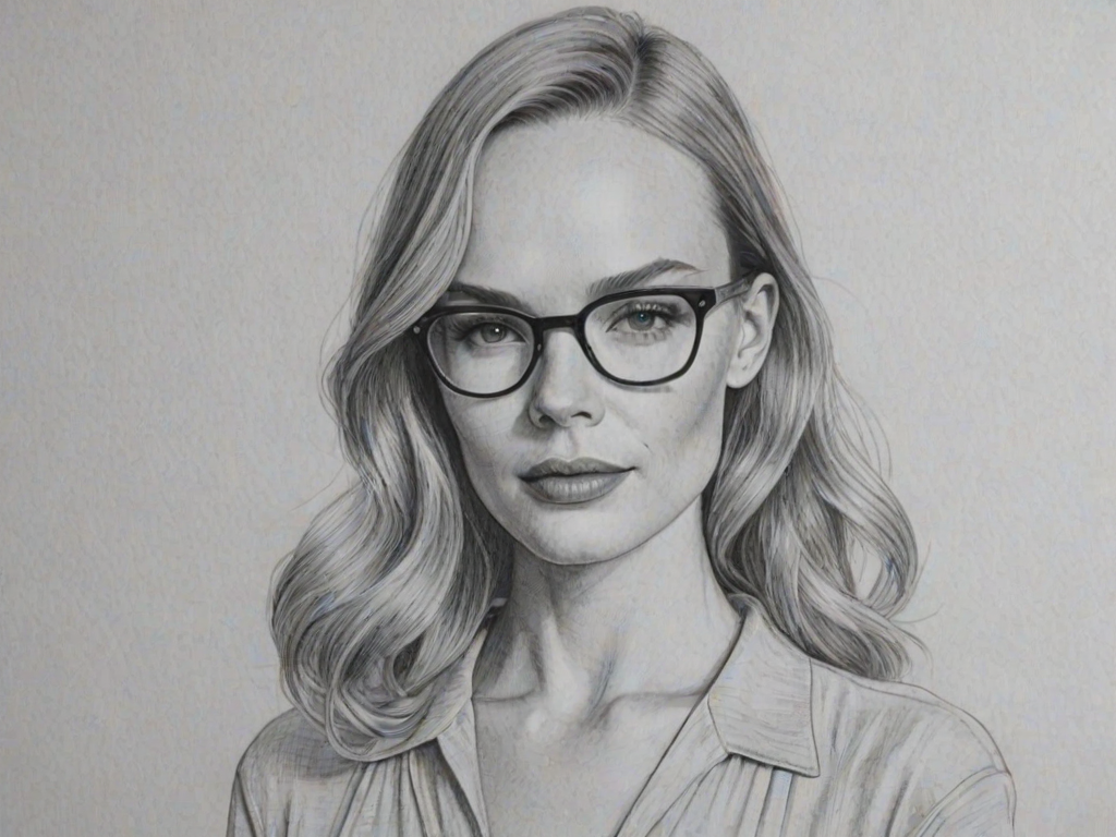 Captivating Kate Bosworth, pencil sketch, portrait of Appealing woman 1935s in glasses, hair style beatnik, outline, clear lines, fine lines, 8k
