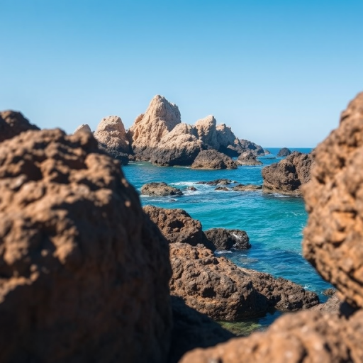 Capture a sharp and vibrant image of rocky coastal formations with a clear blue sky above, using a DSLR camera with a 50mm lens, aperture set to f/11, ISO at 100, and a shutter speed of 1/500 seconds, focusing on the texture of the rocks and the clarity of the water.