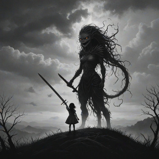 Fight your fears illustration of black and white minimalist of a little girl standing on a hill, raising a sword in hand, she is facing a large menacing creature with large head, sharp teeth and sharp claws, its body is made of vines and roots. The background is a cloudy sky with a hint of smoke or fog. The overall mood of the image is dark and eerie.