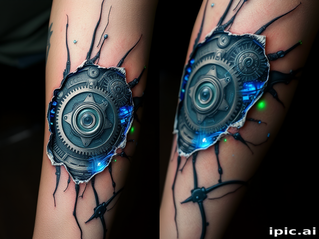 Realistic 3D biomechanical tattoo, "Cybernetic Fusion," blending hyper-realistic skin tears revealing metallic gears, wires, and circuitry underneath, with subtle color accents in electric blue and neon green, creating an illusion of depth and dimension on the forearm or leg
