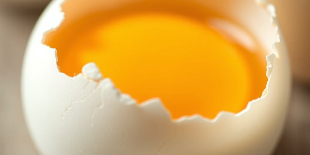 close-up shot of a cracked white eggshell with a bright yellow yolk, soft natural lighting, aperture f/2.8, ISO 100, shutter speed 1/200s, DSLR camera, shallow depth of field