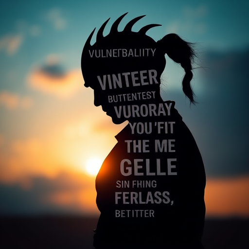 Create an image of a warrior silhouette made of words symbolizing vulnerability and strength, using a shallow depth of field, 50mm lens, f/1.8 aperture, low angle view, vibrant color contrast, and high dynamic range for enhanced visual depth.