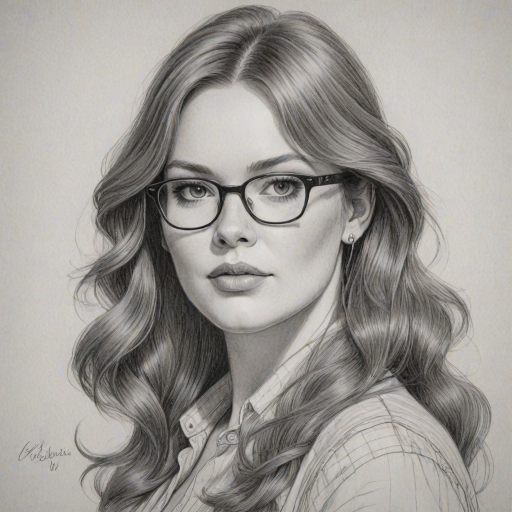 Resplendent Cassandra Clare, pencil sketch, portrait of Enchanting woman 1968s in glasses, hair style beatnik, outline, clear lines, fine lines, 8k