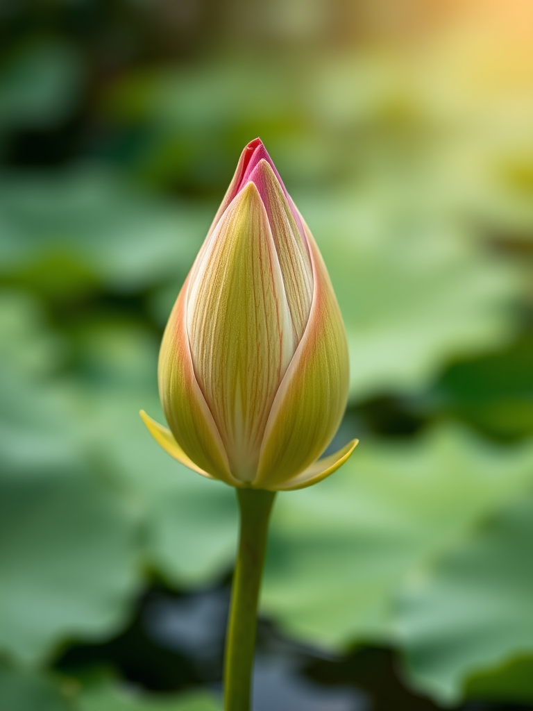 lotus flower bud in a serene pond setting, soft focus background with vibrant green lily pads, close-up shot, aperture f/2.8, shutter speed 1/125s, ISO 100, taken with a DSLR camera, natural lighting, macro lens