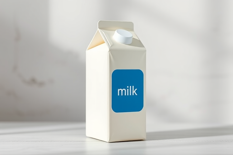 Create a high-resolution illustration of a milk carton with a blue label, using a DSLR camera with a 50mm lens, aperture set to f/1.8, ISO 100, and a soft natural lighting setup.
