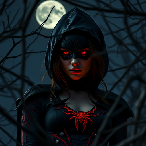 A dark fantasy portrait of a woman in a spider-themed costume with glowing red eyes and a red spider emblem, surrounded by twisted branches under a full moon, low-angle view, shallow depth of field, 50mm lens, f/1.8, ISO 200, soft lighting for dramatic effect.