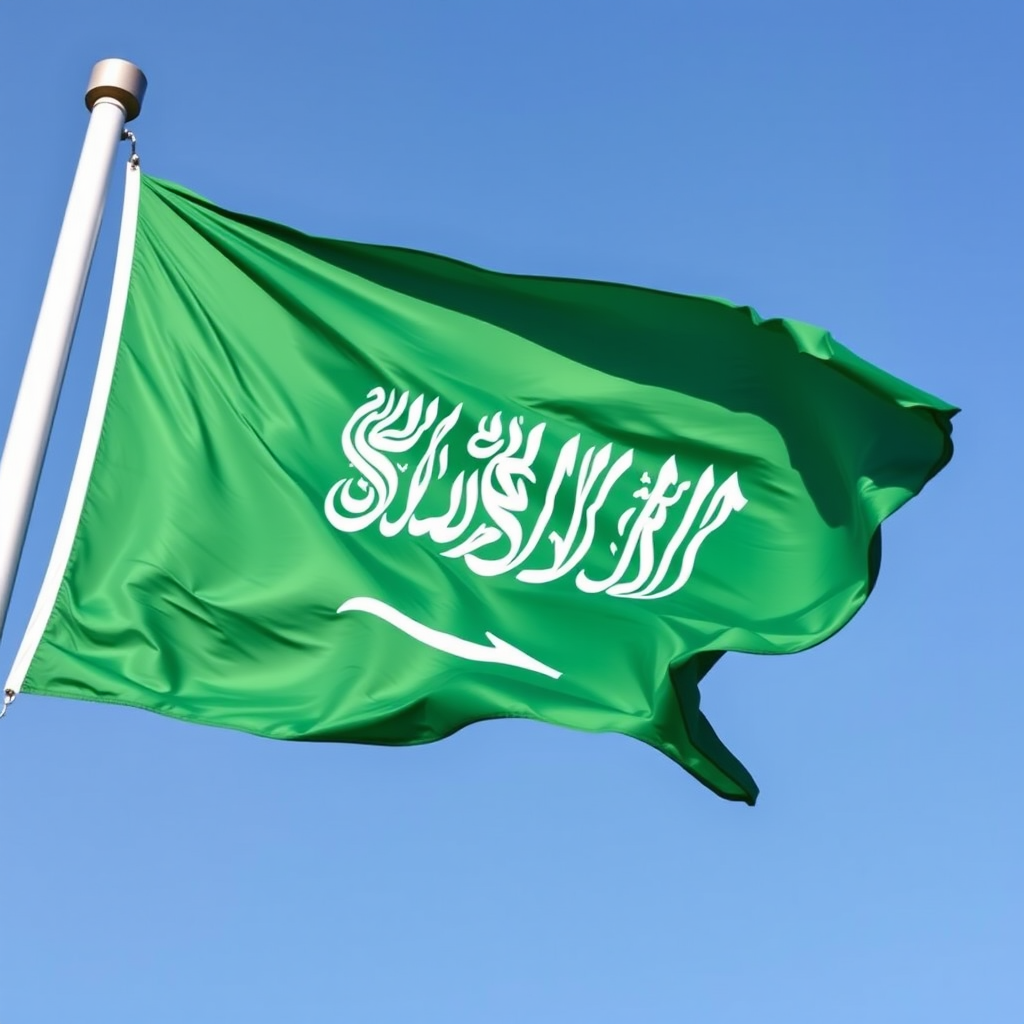 Generate a high-resolution image of the Saudi Arabian flag waving gently in the wind, using a DSLR camera with a 50mm lens, aperture f/2.8, shutter speed 1/200s, and ISO 100, capturing the flag from a low angle to emphasize its movement against a clear blue sky.