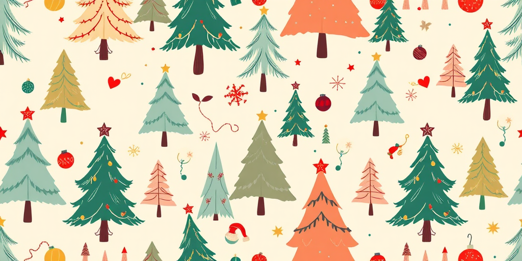 Create a seamless pattern design featuring stylized Christmas trees in various colors, ornaments, and festive elements on a light beige background, captured with a DSLR camera, 50mm lens, f/2.8 aperture, ISO 100, natural lighting.