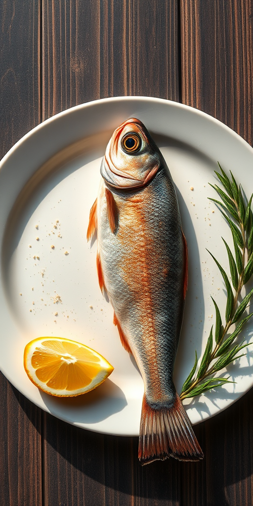 Create a detailed illustration of a fish on a plate, captured with a 50mm f/1.8 lens, natural light, shot from a top-down view, using a DSLR camera to enhance clarity and detail.