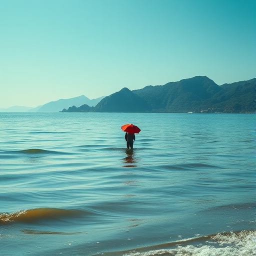 Capture a serene landscape featuring a solitary figure with a red umbrella standing by a calm body of water, with mountains in the background, using a Canon EOS R5, 50mm lens, f/2.8 aperture, ISO 100, natural lighting, taken from a low-angle perspective to emphasize the gentle waves and vibrant colors.