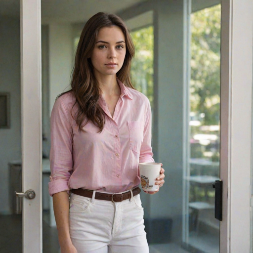 A young woman with long brown hair stands with her back against a glass door, wearing a pink button-down shirt over a white T-shirt and white pants, holding a cup of coffee in her right hand. The woman is looking directly at the viewer, her expression is neutral. Her right hand is tucked into the pocket of her pants while her left hand holds the coffee cup. The lighting is soft and natural, highlighting her features. The background is blurred, with the focus on the woman. The photo is taken from a slightly elevated perspective, showcasing the woman's full figure.