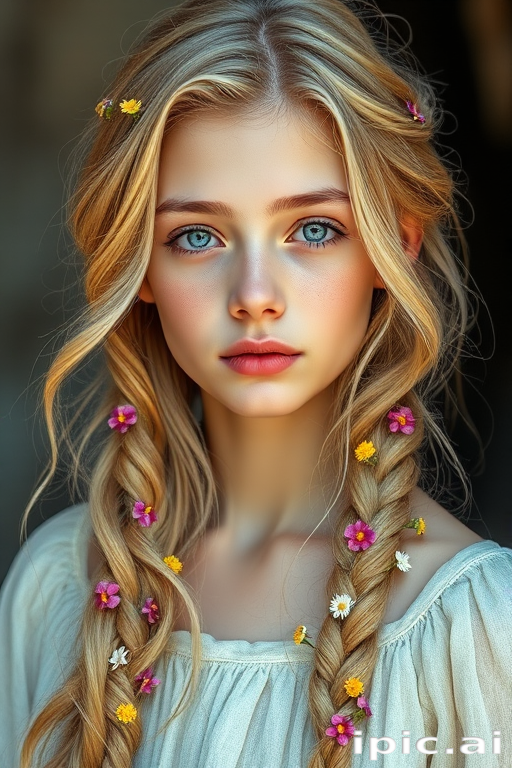 Create an image of a young woman with long, wavy blonde hair, adorned with small, colorful flowers woven into her braids and loose strands. Her complexion is fair, with soft, glowing skin, and she has light blue eyes that gaze softly at the viewer. She wears a light, flowing dress with a gentle, ethereal quality, complementing her delicate and serene appearance. The background is slightly blurred, drawing focus to her tranquil expression and the intricate details of the flowers in her hair. The overall mood of the image is one of natural beauty and grace, evoking a sense of peacefulness and connection with nature.