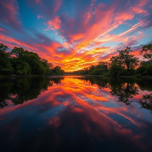 Create a high-resolution image of a serene landscape at sunset, featuring vibrant colors in the sky, reflections on a calm lake, with lush green trees framing the scene, using a Canon EOS 5D Mark IV, 24mm lens, aperture f/8, exposure time 1/50s, ISO 100, shot from a low-angle view with a wide perspective.