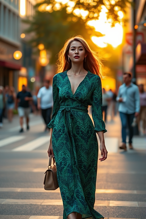 A stylish woman walking in a vibrant green patterned dress on a busy street during golden hour, shallow depth of field, aperture f/2.8, ISO 200, lens 50mm, DSLR camera, natural lighting.